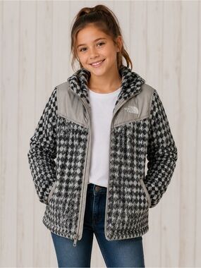 The North Face Girls Gray Black Checkered Fleece Hooded Full Zip Jacket Small